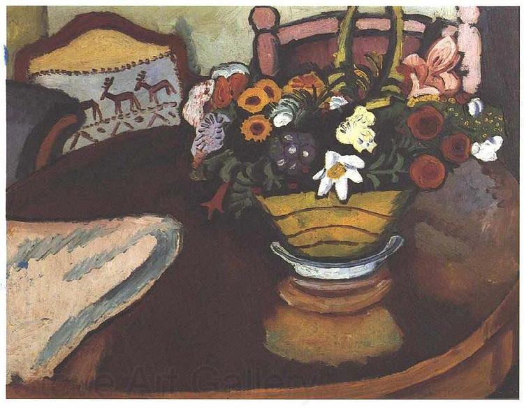August Macke Stil live with pillow with deer-decor and a bouquet